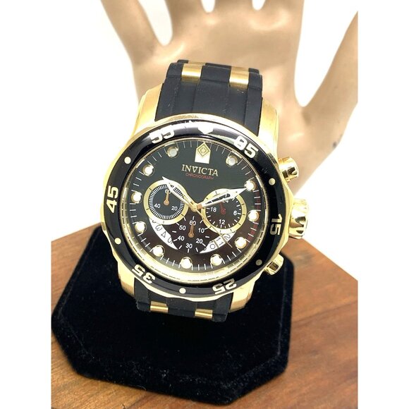 Invicta Men's Watch 6981 Pro Diver Black Dial Gold Tone Chronograph Black Rubber - Picture 1 of 14